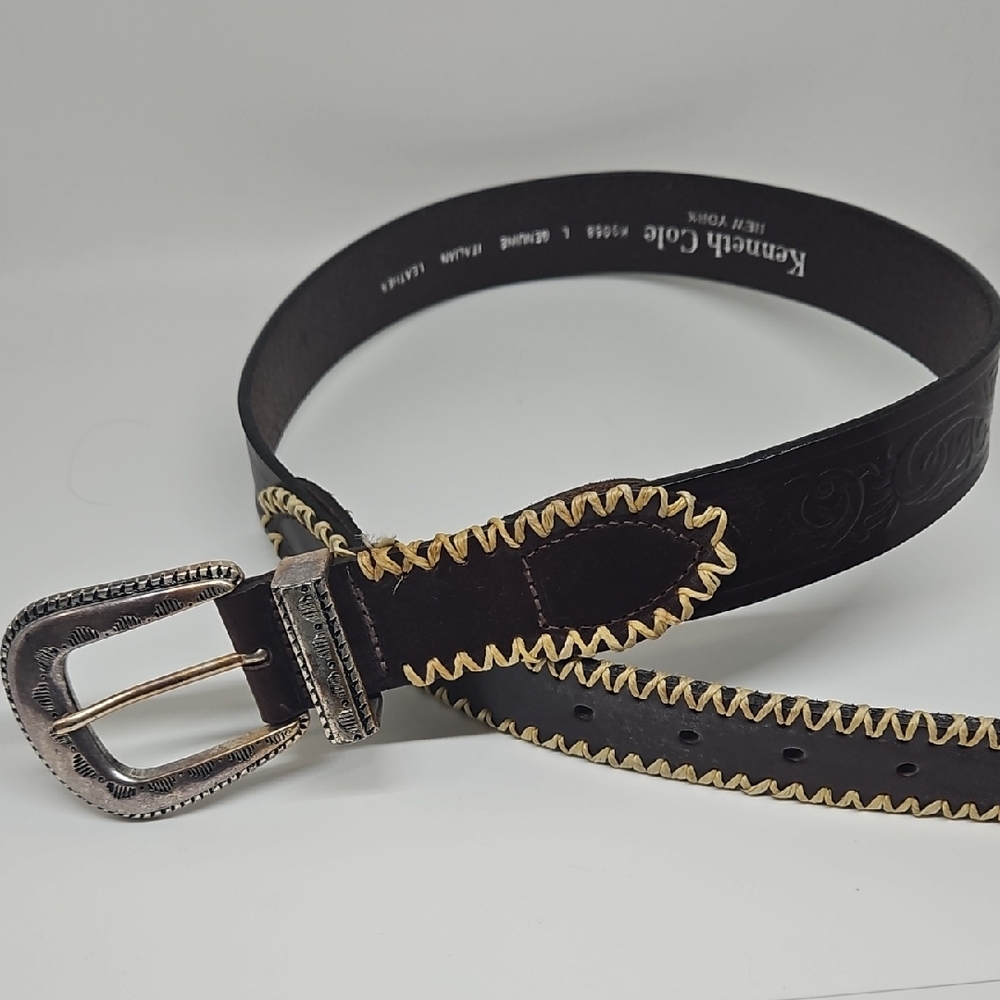 Kenneth Cole Brown Leather Belt with Cream Whipstitch, Western
